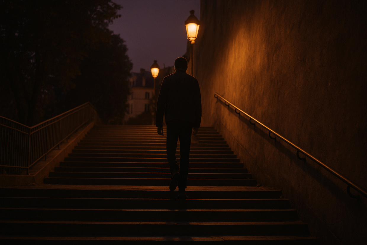 Ein Mann der die Treppen nach oben geht Schritt für Schritt