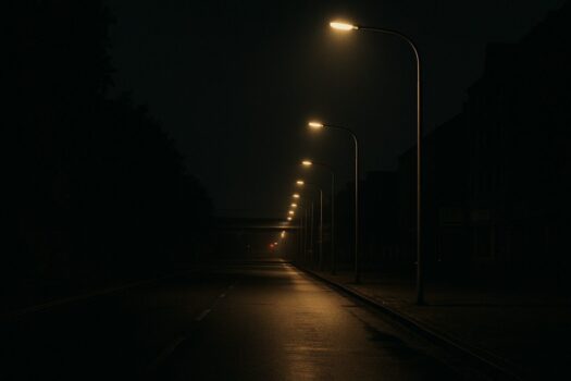 Dunkle Straße mit Laternen