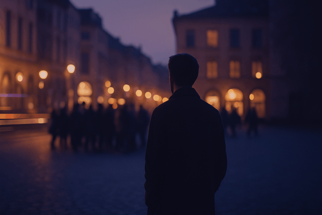 Abendliche Szene in warmen Violett-/Bernsteintönen: eine einzelne Person am Rand einer unscharfen Menge; stille, filmische Stimmung.